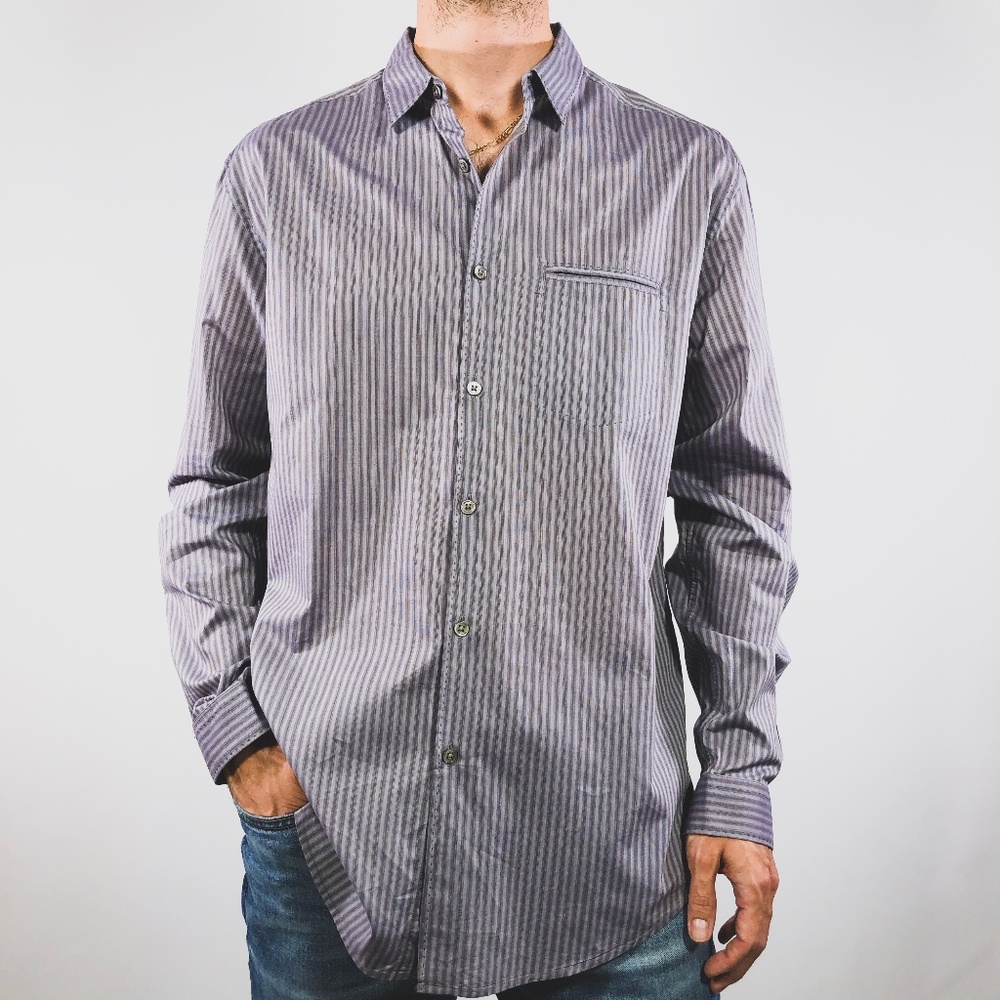 John Varvatos Purple Grey Stripe Shirt L